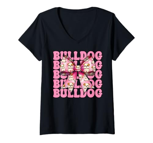 Damen Bulldogge Hund Mädchen Bulldogge Mama Kokette Schleife T-Shirt mit V-Ausschnitt Damen Bulldogge Hund Mädchen Bulldogge Mama Kokette Schleife T-Shirt mit V-Ausschnitt von Womens Pink Coquette Bow Bulldog Dog Gifts