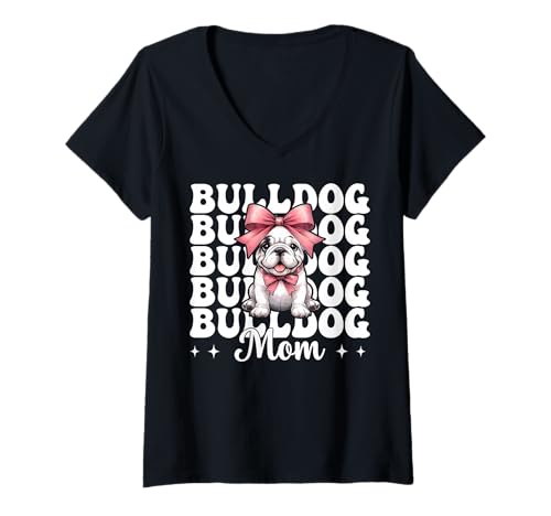 Damen Bulldogge Mama Bulldogge Mama Hund Muttertag Kokette T-Shirt mit V-Ausschnitt von Womens Pink Coquette Bow Bulldog Dog Gifts