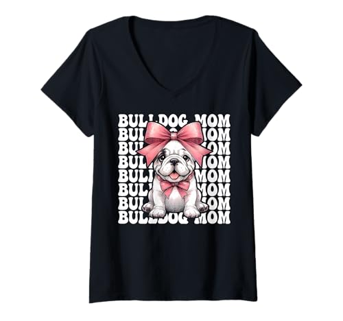 Damen Bulldogge Mama Bulldogge Mama Hund Muttertag Kokette T-Shirt mit V-Ausschnitt von Womens Pink Coquette Bow Bulldog Dog Gifts