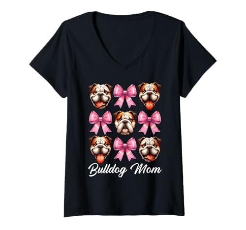 Damen Bulldogge Mama Bulldogge Mama Hund Muttertag Kokette T-Shirt mit V-Ausschnitt von Womens Pink Coquette Bow Bulldog Dog Gifts