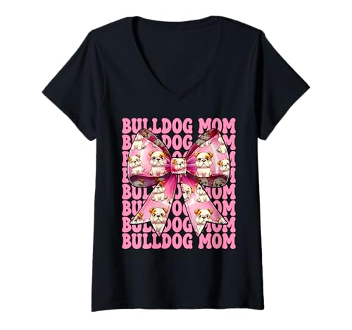 Damen Bulldogge Mama Bulldogge Mama Hund Muttertag Kokette T-Shirt mit V-Ausschnitt von Womens Pink Coquette Bow Bulldog Dog Gifts