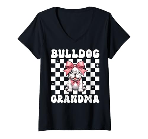 Damen Bulldogge Oma Oma Hund Kokette Schleife T-Shirt mit V-Ausschnitt von Womens Pink Coquette Bow Bulldog Dog Gifts