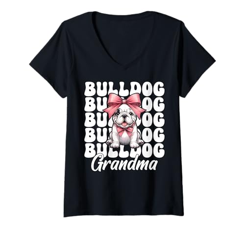 Damen Bulldogge Oma Oma Hund Kokette Schleife T-Shirt mit V-Ausschnitt von Womens Pink Coquette Bow Bulldog Dog Gifts