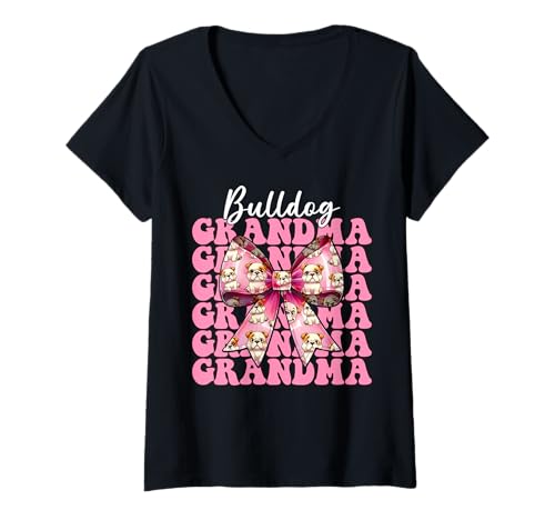 Damen Bulldogge Oma Oma Hund Kokette Schleife T-Shirt mit V-Ausschnitt von Womens Pink Coquette Bow Bulldog Dog Gifts