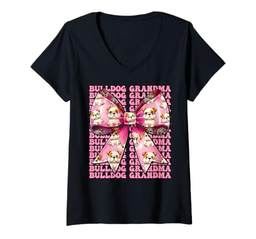 Damen Bulldogge Oma Oma Hund Kokette Schleife T-Shirt mit V-Ausschnitt von Womens Pink Coquette Bow Bulldog Dog Gifts