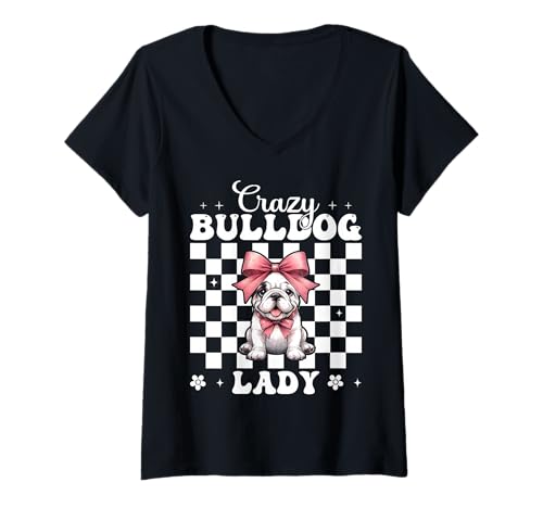 Damen Crazy Bulldog Lady Dog Girl Bulldogge Mama Kokette Bogen T-Shirt mit V-Ausschnitt Damen Crazy Bulldog Lady Dog Girl Bulldogge Mama Kokette Bogen T-Shirt mit V-Ausschnitt von Womens Pink Coquette Bow Bulldog Dog Gifts