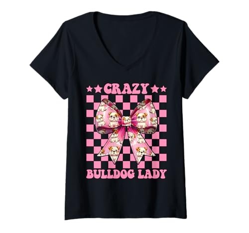 Damen Crazy Bulldog Lady Dog Girl Bulldogge Mama Kokette Bogen T-Shirt mit V-Ausschnitt Damen Crazy Bulldog Lady Dog Girl Bulldogge Mama Kokette Bogen T-Shirt mit V-Ausschnitt von Womens Pink Coquette Bow Bulldog Dog Gifts
