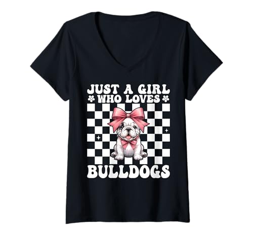 Damen Just A Girl Who Loves Bulldogge Bulldog Kokette Schleife T-Shirt mit V-Ausschnitt Damen Just A Girl Who Loves Bulldogge Bulldog Kokette Schleife T-Shirt mit V-Ausschnitt von Womens Pink Coquette Bow Bulldog Dog Gifts