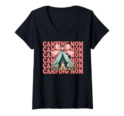 Damen Camping Mama Camping Mama Camper Camp Muttertag Kokette T-Shirt mit V-Ausschnitt Damen Camping Mama Camping Mama Camper Camp Muttertag Kokette T-Shirt mit V-Ausschnitt von Womens Pink Coquette Bow Camping Camper Camp Gifts