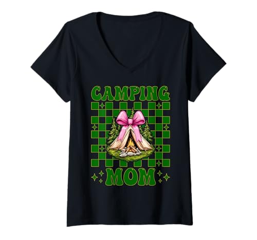 Damen Camping Mama Camping Mama Camper Camp Muttertag Kokette T-Shirt mit V-Ausschnitt Damen Camping Mama Camping Mama Camper Camp Muttertag Kokette T-Shirt mit V-Ausschnitt von Womens Pink Coquette Bow Camping Camper Camp Gifts