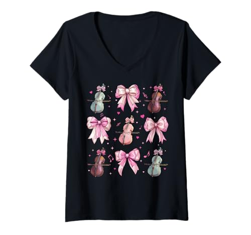 Damen Celloinstrument Cellist Girl Coquette Bow Pink Mom T-Shirt mit V-Ausschnitt Damen Celloinstrument Cellist Girl Coquette Bow Pink Mom T-Shirt mit V-Ausschnitt von Womens Pink Coquette Bow Cello Instrument Gifts