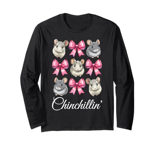 Chinchillin' Lustige Chinchilla Pet Girl Mom Coquette Bow Langarmshirt von Womens Pink Coquette Bow Chinchilla Pet Gifts