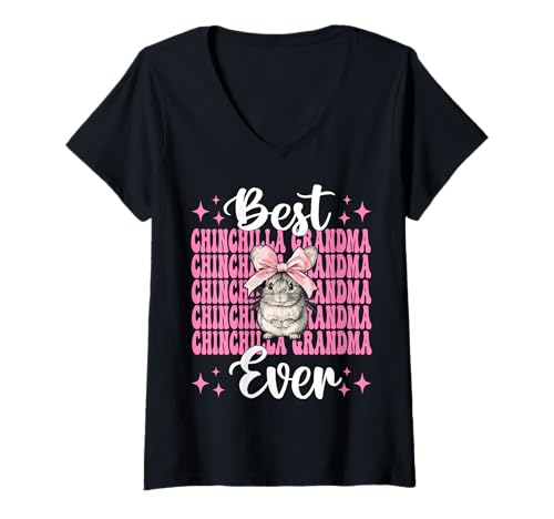 Damen Best Chinchilla Grandma Ever Nana, rosa Kokette Schleife T-Shirt mit V-Ausschnitt von Womens Pink Coquette Bow Chinchilla Pet Gifts