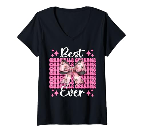 Damen Best Chinchilla Grandma Ever Nana, rosa Kokette Schleife T-Shirt mit V-Ausschnitt von Womens Pink Coquette Bow Chinchilla Pet Gifts