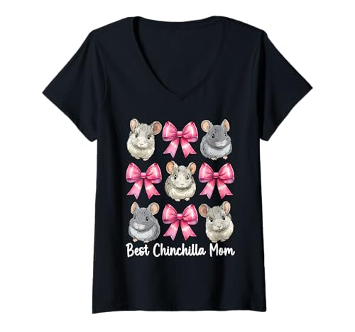 Damen Best Chinchilla Mom Mama Muttertag Rosa Kokette Schleife T-Shirt mit V-Ausschnitt von Womens Pink Coquette Bow Chinchilla Pet Gifts