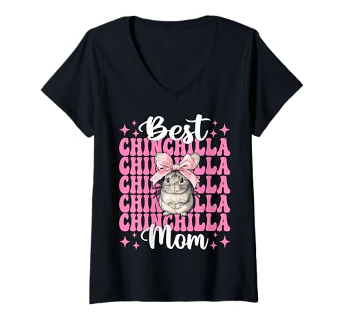 Damen Best Chinchilla Mom Mama Muttertag Rosa Kokette Schleife T-Shirt mit V-Ausschnitt von Womens Pink Coquette Bow Chinchilla Pet Gifts