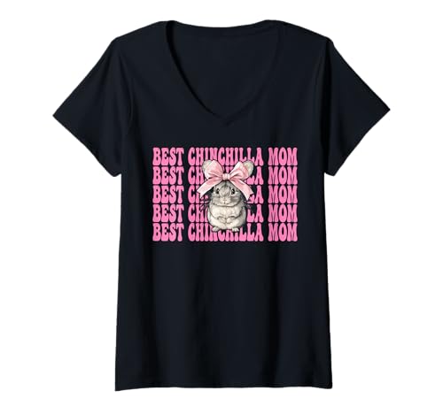 Damen Best Chinchilla Mom Mama Muttertag Rosa Kokette Schleife T-Shirt mit V-Ausschnitt von Womens Pink Coquette Bow Chinchilla Pet Gifts