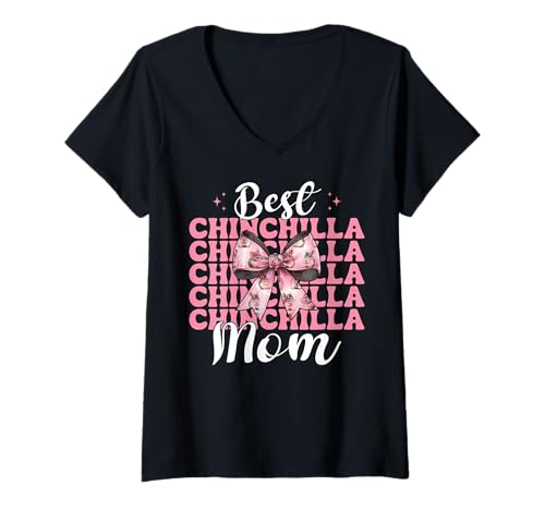 Damen Best Chinchilla Mom Mama Muttertag Rosa Kokette Schleife T-Shirt mit V-Ausschnitt von Womens Pink Coquette Bow Chinchilla Pet Gifts