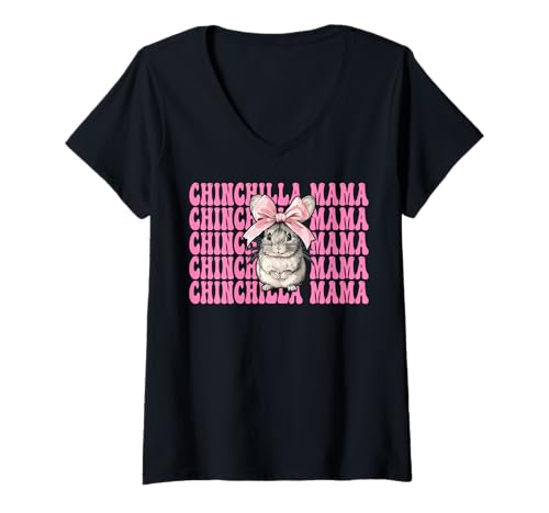 Damen Chinchilla Mama Mama Muttertag Rosa Kokette Schleife T-Shirt mit V-Ausschnitt von Womens Pink Coquette Bow Chinchilla Pet Gifts