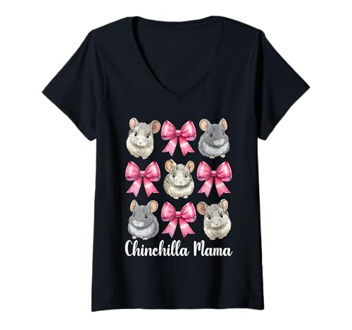 Damen Chinchilla Mama Mama Muttertag Rosa Kokette Schleife T-Shirt mit V-Ausschnitt von Womens Pink Coquette Bow Chinchilla Pet Gifts