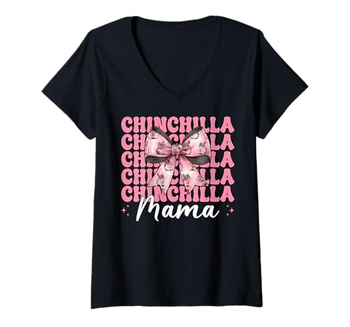 Damen Chinchilla Mama Mama Muttertag Rosa Kokette Schleife T-Shirt mit V-Ausschnitt von Womens Pink Coquette Bow Chinchilla Pet Gifts