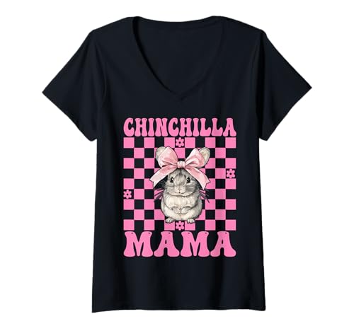 Damen Chinchilla Mama Mama Muttertag Rosa Kokette Schleife T-Shirt mit V-Ausschnitt von Womens Pink Coquette Bow Chinchilla Pet Gifts