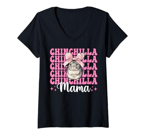 Damen Chinchilla Mama Mama Muttertag Rosa Kokette Schleife T-Shirt mit V-Ausschnitt von Womens Pink Coquette Bow Chinchilla Pet Gifts