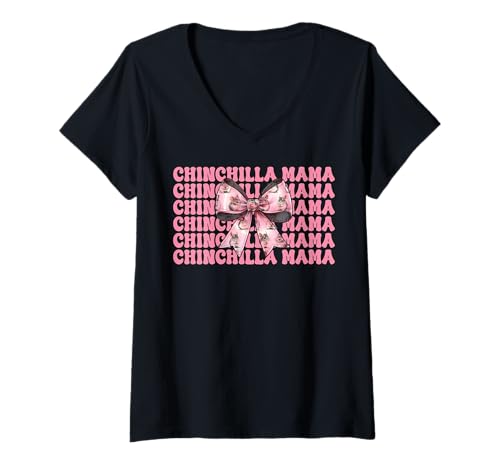 Damen Chinchilla Mama Mama Muttertag Rosa Kokette Schleife T-Shirt mit V-Ausschnitt von Womens Pink Coquette Bow Chinchilla Pet Gifts