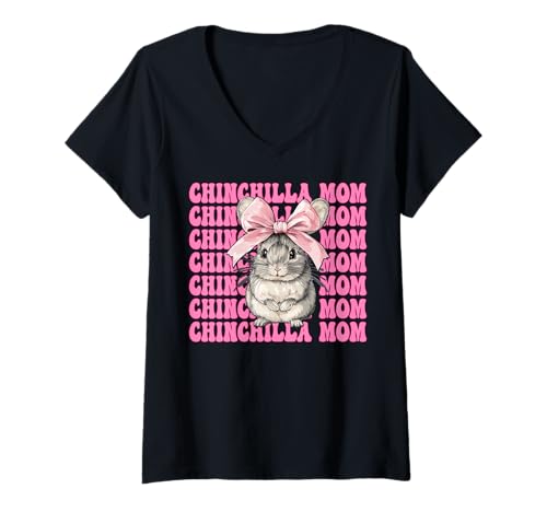 Damen Chinchilla Mom Mama Muttertag Rosa Kokette Schleife T-Shirt mit V-Ausschnitt von Womens Pink Coquette Bow Chinchilla Pet Gifts