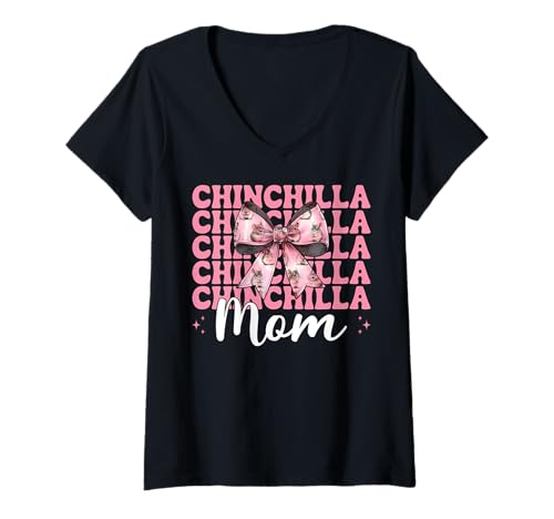 Damen Chinchilla Mom Mama Muttertag Rosa Kokette Schleife T-Shirt mit V-Ausschnitt von Womens Pink Coquette Bow Chinchilla Pet Gifts