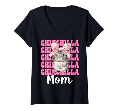 Damen Chinchilla Mom Mama Muttertag Rosa Kokette Schleife T-Shirt mit V-Ausschnitt von Womens Pink Coquette Bow Chinchilla Pet Gifts