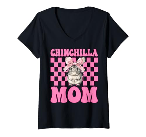 Damen Chinchilla Mom Mama Muttertag Rosa Kokette Schleife T-Shirt mit V-Ausschnitt von Womens Pink Coquette Bow Chinchilla Pet Gifts