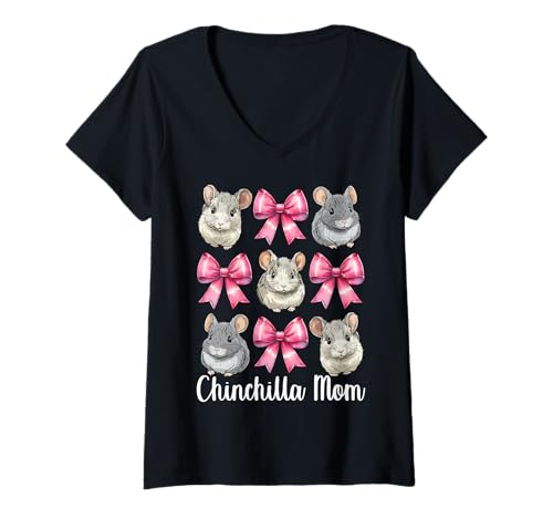 Damen Chinchilla Mom Mama Muttertag Rosa Kokette Schleife T-Shirt mit V-Ausschnitt von Womens Pink Coquette Bow Chinchilla Pet Gifts