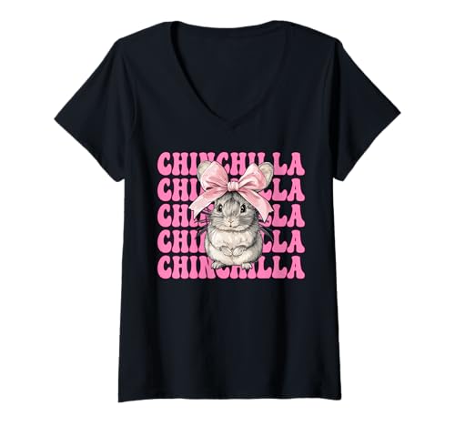 Damen Chinchilla Pet Girl Mom Rosa Kokette Schleife T-Shirt mit V-Ausschnitt von Womens Pink Coquette Bow Chinchilla Pet Gifts