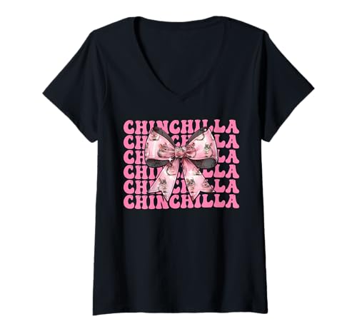 Damen Chinchilla mit Schleife, für Mädchen und Mütter, Rosa T-Shirt mit V-Ausschnitt von Womens Pink Coquette Bow Chinchilla Pet Gifts