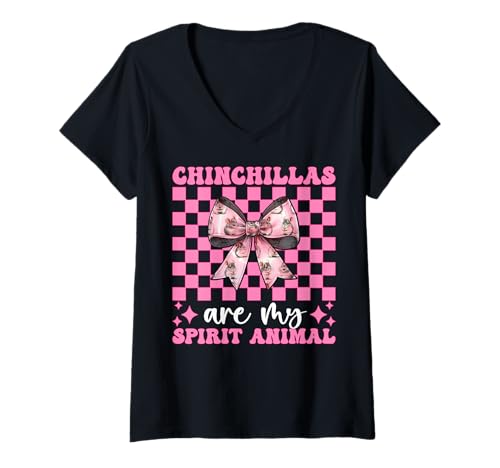 Damen Chinchillas Are My Spirit Animal Chinchilla Pet Girl Mama T-Shirt mit V-Ausschnitt von Womens Pink Coquette Bow Chinchilla Pet Gifts