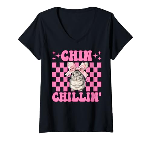 Damen Chinchillin' Lustige Chinchilla Pet Girl Mom Coquette Bow T-Shirt mit V-Ausschnitt von Womens Pink Coquette Bow Chinchilla Pet Gifts