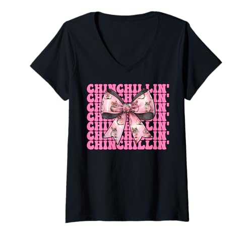 Damen Chinchillin' Lustige Chinchilla Pet Girl Mom Coquette Bow T-Shirt mit V-Ausschnitt von Womens Pink Coquette Bow Chinchilla Pet Gifts