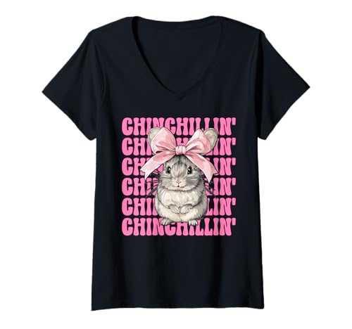 Damen Chinchillin' Lustige Chinchilla Pet Girl Mom Coquette Bow T-Shirt mit V-Ausschnitt von Womens Pink Coquette Bow Chinchilla Pet Gifts