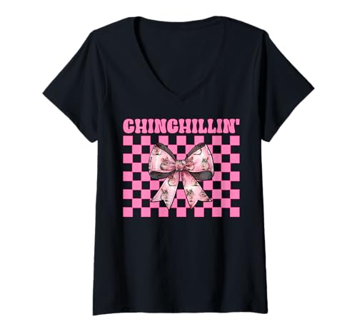 Damen Chinchillin' Lustige Chinchilla Pet Girl Mom Coquette Bow T-Shirt mit V-Ausschnitt von Womens Pink Coquette Bow Chinchilla Pet Gifts