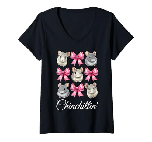 Damen Chinchillin' Lustige Chinchilla Pet Girl Mom Coquette Bow T-Shirt mit V-Ausschnitt von Womens Pink Coquette Bow Chinchilla Pet Gifts