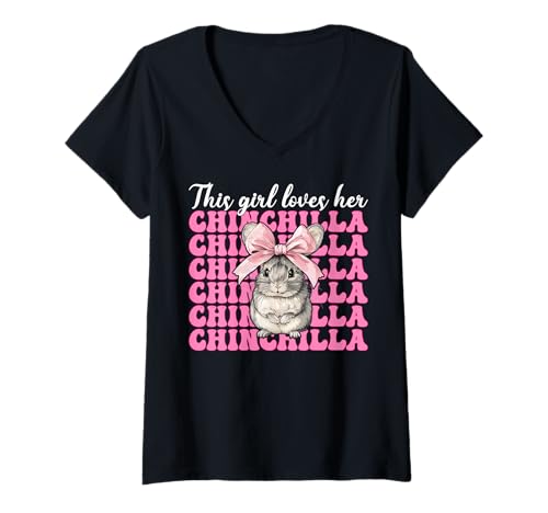 Damen Dieses Mädchen liebt ihren Chinchilla-Pet Pink Coquette Bow T-Shirt mit V-Ausschnitt von Womens Pink Coquette Bow Chinchilla Pet Gifts
