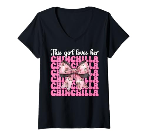 Damen Dieses Mädchen liebt ihren Chinchilla-Pet Pink Coquette Bow T-Shirt mit V-Ausschnitt von Womens Pink Coquette Bow Chinchilla Pet Gifts