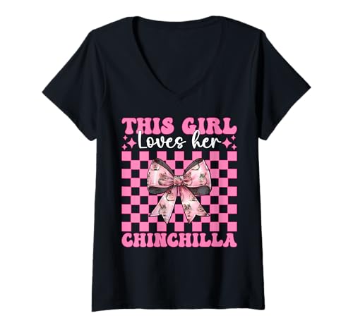 Damen Dieses Mädchen liebt ihren Chinchilla-Pet Pink Coquette Bow T-Shirt mit V-Ausschnitt von Womens Pink Coquette Bow Chinchilla Pet Gifts