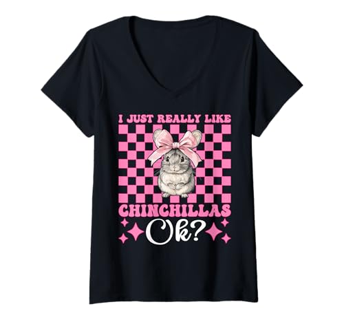 Damen Ich mag Chinchillas Chinchilla Pet Girl Mom einfach sehr T-Shirt mit V-Ausschnitt von Womens Pink Coquette Bow Chinchilla Pet Gifts