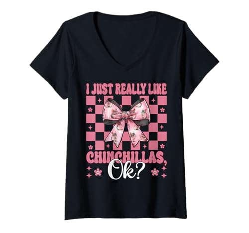 Damen Ich mag Chinchillas Chinchilla Pet Girl Mom einfach sehr T-Shirt mit V-Ausschnitt von Womens Pink Coquette Bow Chinchilla Pet Gifts