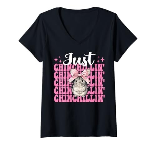 Damen Just Chinchillin' Lustige Chinchilla Pet Girl Mom Kokette Schleife T-Shirt mit V-Ausschnitt von Womens Pink Coquette Bow Chinchilla Pet Gifts