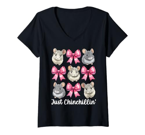 Damen Just Chinchillin' Lustige Chinchilla Pet Girl Mom Kokette Schleife T-Shirt mit V-Ausschnitt von Womens Pink Coquette Bow Chinchilla Pet Gifts