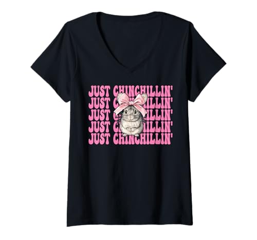 Damen Just Chinchillin' Lustige Chinchilla Pet Girl Mom Kokette Schleife T-Shirt mit V-Ausschnitt von Womens Pink Coquette Bow Chinchilla Pet Gifts
