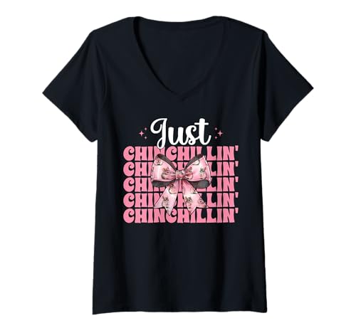 Damen Just Chinchillin' Lustige Chinchilla Pet Girl Mom Kokette Schleife T-Shirt mit V-Ausschnitt von Womens Pink Coquette Bow Chinchilla Pet Gifts